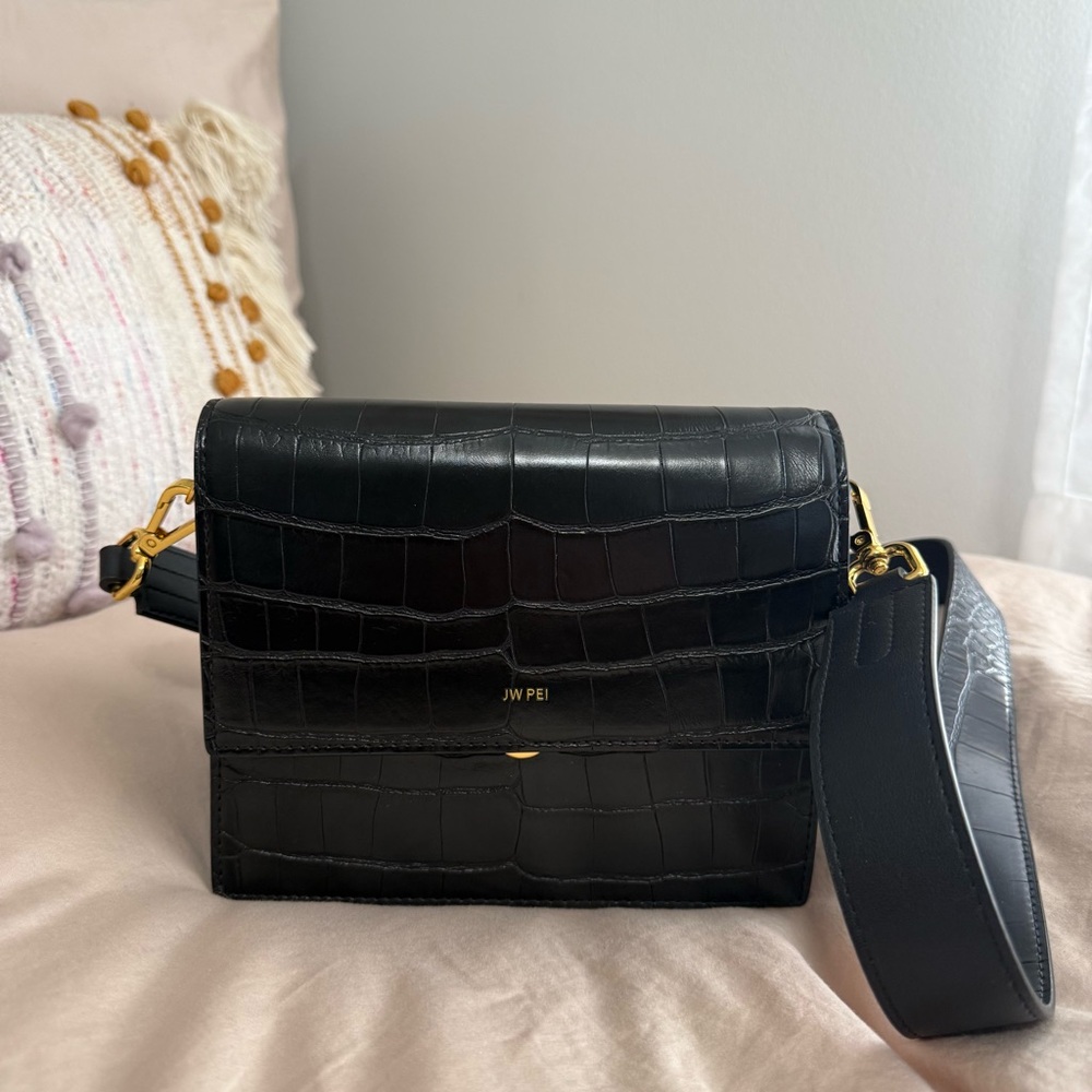 JW PEI Black Croc-Embossed Crossbody Bag